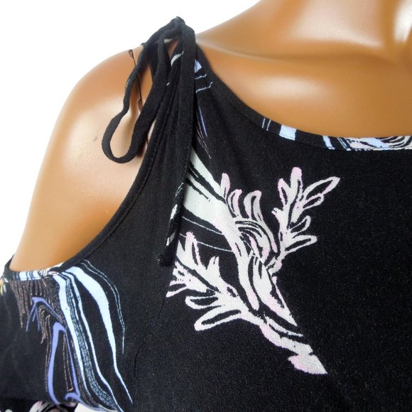 FREE PEOPLE Top M Black Floral Tunic Shirt Tie Cold Shoulder Long Sleeves Casual - Picture 4 of 13